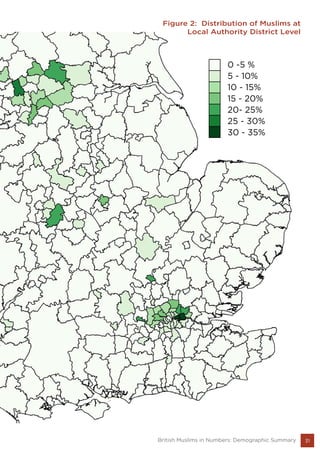 31British Muslims in Numbers: Demographic Summary
Figure 2: Distribution of Muslims at
Local Authority District Level
0 -5 %
5 - 10%
10 - 15%
15 - 20%
20- 25%
25 - 30%
30 - 35%
 