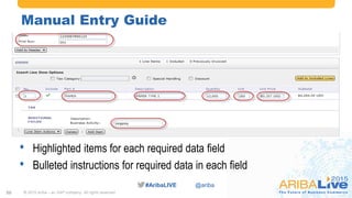 #AribaLIVE @ariba#AribaLIVE @ariba
• Highlighted items for each required data field
• Bulleted instructions for required data in each field
Manual Entry Guide
© 2015 Ariba – an SAP company. All rights reserved.20
 