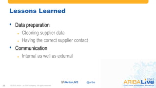 #AribaLIVE @ariba#AribaLIVE @ariba
Lessons Learned
• Data preparation
 Cleaning supplier data
 Having the correct supplier contact
• Communication
 Internal as well as external
© 2015 Ariba – an SAP company. All rights reserved.22
 