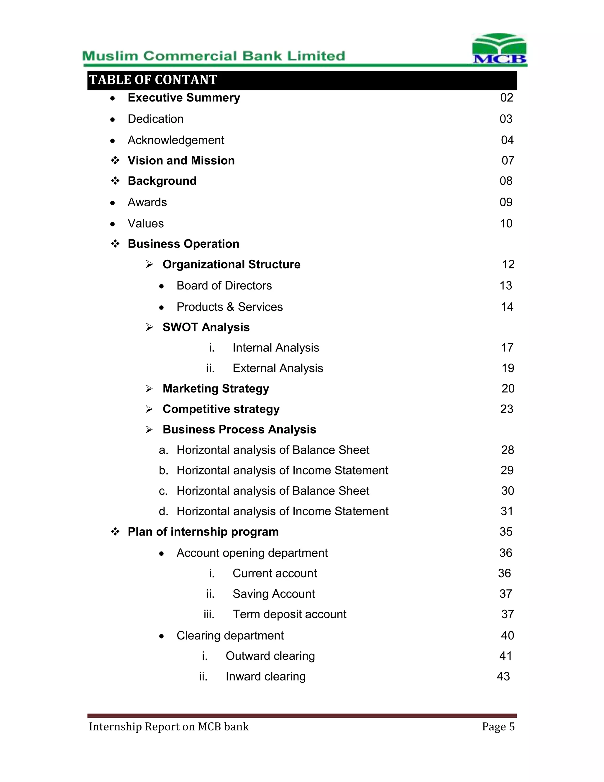 TABLE OF CONTANT
Executive Summery

02

Dedication

03

Acknowledgement

04

 Vision and Mission

07

 Background

08

Awards

09

Values

10

 Business Operation
 Organizational Structure

12

Board of Directors

13

Products & Services

14

 SWOT Analysis
i.

Internal Analysis

17

ii.

External Analysis

19

 Marketing Strategy

20

 Competitive strategy

23

 Business Process Analysis

a. Horizontal analysis of Balance Sheet

28

b. Horizontal analysis of Income Statement

29

c. Horizontal analysis of Balance Sheet

30

d. Horizontal analysis of Income Statement

31

 Plan of internship program
Account opening department

35
36

i.

Current account

36

ii.

Saving Account

37

iii.

Term deposit account

37

Clearing department

40

i.

Outward clearing

41

ii.

Inward clearing

43

Internship Report on MCB bank

Page 5

 