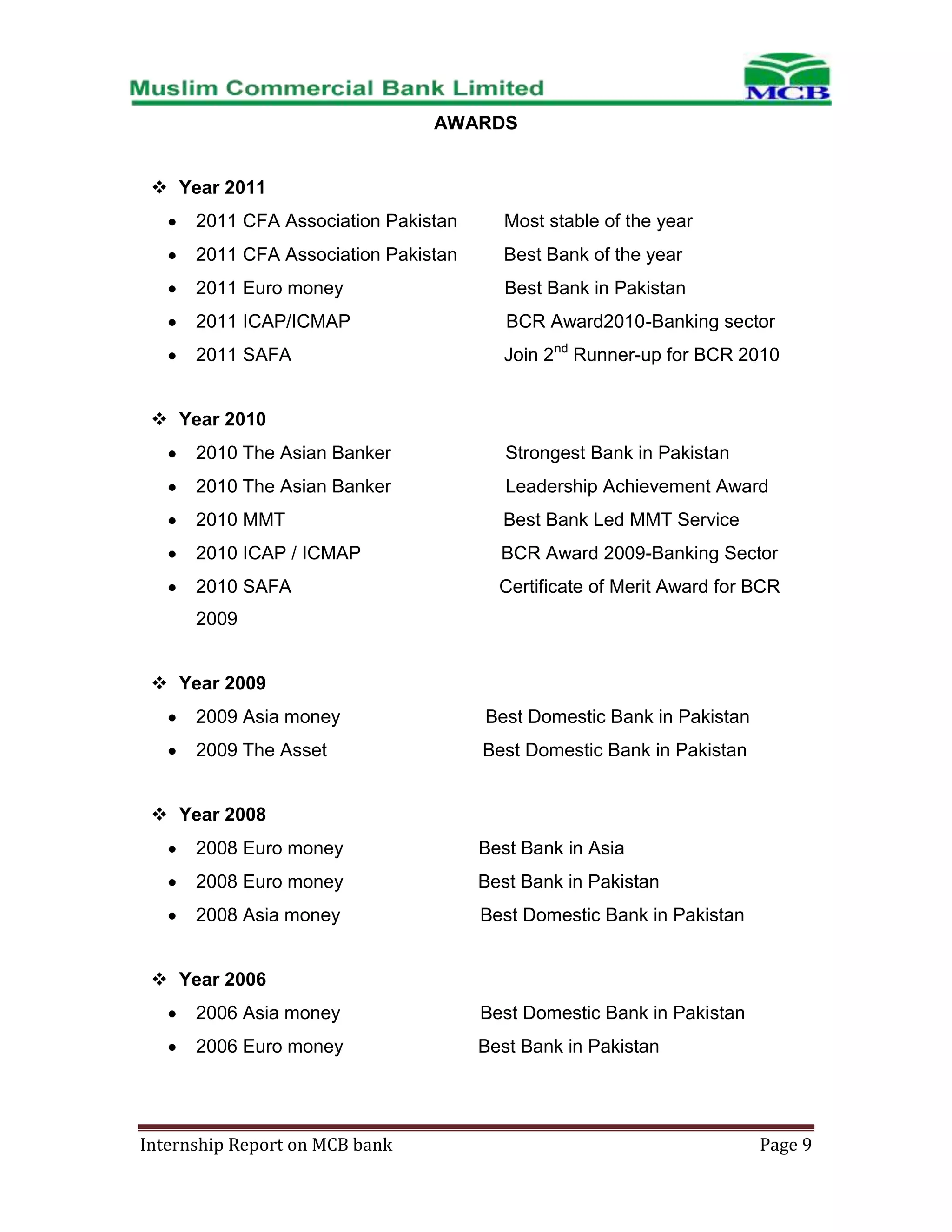 AWARDS
 Year 2011
2011 CFA Association Pakistan

Most stable of the year

2011 CFA Association Pakistan

Best Bank of the year

2011 Euro money

Best Bank in Pakistan

2011 ICAP/ICMAP

BCR Award2010-Banking sector

2011 SAFA

Join 2 nd Runner-up for BCR 2010

 Year 2010
2010 The Asian Banker

Strongest Bank in Pakistan

2010 The Asian Banker

Leadership Achievement Award

2010 MMT

Best Bank Led MMT Service

2010 ICAP / ICMAP

BCR Award 2009-Banking Sector

2010 SAFA

Certificate of Merit Award for BCR

2009
 Year 2009
2009 Asia money

Best Domestic Bank in Pakistan

2009 The Asset

Best Domestic Bank in Pakistan

 Year 2008
2008 Euro money

Best Bank in Asia

2008 Euro money

Best Bank in Pakistan

2008 Asia money

Best Domestic Bank in Pakistan

 Year 2006
2006 Asia money

Best Domestic Bank in Pakistan

2006 Euro money

Best Bank in Pakistan

Internship Report on MCB bank

Page 9

 