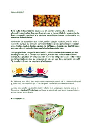 Sábado, 22/09/2007




Este fruto de la amazonía, abundante en hierro y vitamina C, es la mejor
alternativa contra los dos grandes males de la humanidad del tercer milenio,
los excesos del colesterol y la glucosa, especialmente para contrarrestar las
secuelas de la diabetes.

Abunda en las regiones de San Martín, Loreto, Ucayali, Huánuco, Pasco, Junín y
Ayacucho aunque su consumo se veía limitado en ciertas personas por su sabor
agrio. En la actualidad existen producto liofilizados (especie de deshidratado)
que permiten el tratamiento natural sin efectos colaterales.

Sus propiedades terapéuticas han sido confirmadas recientemente por los
investigadores de la Universidad Wiener, tras cuatro años de estudios de
campo. Las pruebas en una población mayor de 500 personas de todo estrato
social demostraron que su consumo, en sólo en tres días, redujeron en un 50
% los altos niveles de colesterol y/o glucosa.




La cocona es, pues, ideal, para las personas que tienen problemas con el exceso de colesterol
y, sobre todo, los diabéticos que se ven obligados a recurrir a edulcorantes químicos.

Además tiene un alto valor nutritivo aprovechable en la alimentación humana, es rica en
hierro y en vitamina B 5 (niacina), por lo que se recomienda para las personas anémicas o
con problemas hemorrágicos.


Características
 