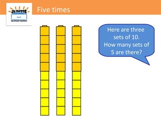 Here are three
sets of 10.
How many sets of
5 are there?
Five times
 