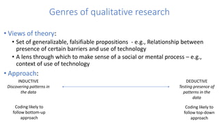 Genres of qualitative research
• Views of theory:
• Set of generalizable, falsifiable propositions - e.g., Relationship between
presence of certain barriers and use of technology
• A lens through which to make sense of a social or mental process – e.g.,
context of use of technology
• Approach:
DEDUCTIVE
Testing presence of
patterns in the
data
INDUCTIVE
Discovering patterns in
the data
Coding likely to
follow top-down
approach
Coding likely to
follow bottom-up
approach
 