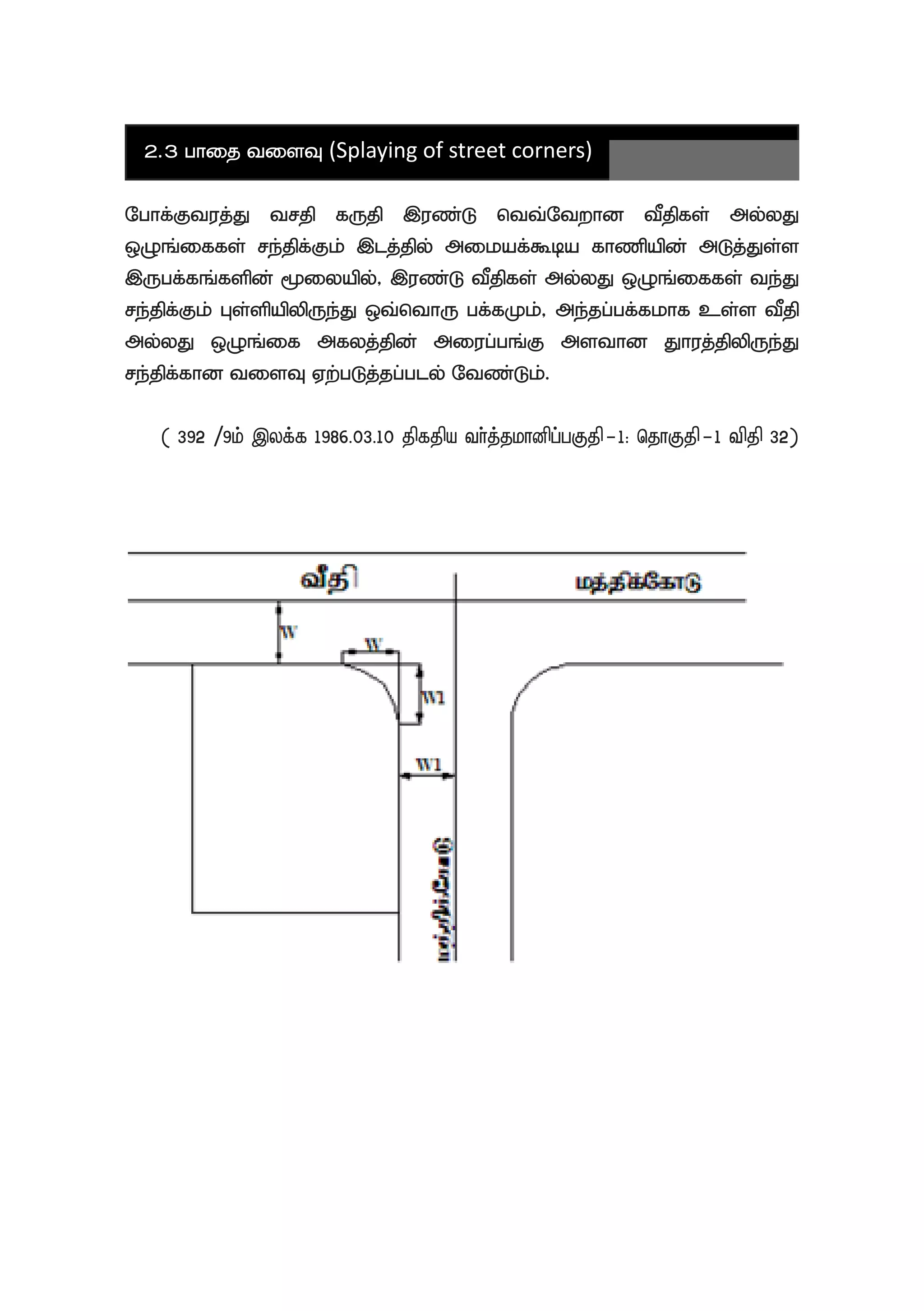 2.3 ghij tisT (Splaying of street corners)
Nghf;Ftuj;J trjp fUjp ,uz;L ntt;Ntwhd tPjpfs; my;yJ
xOq;iffs; re;jpf;Fk; ,lj;jpy; mikaf;$ba fhzpapd; mLj;Js;s
,Ugf;fq;fspd; %iyapy;> ,uz;L tPjpfs; my;yJ xOq;iffs; te;J
re;jpf;Fk; Gs;spapypUe;J xt;nthU gf;fKk;> me;jg;gf;fkhf cs;s tPjp
my;yJ xOq;if mfyj;jpd; miug;gq;F msthd Jhuj;jpypUe;J
re;jpf;fhd tisT Vw;gLj;jg;gly; Ntz;Lk;.
( 392 /9k; ,yf;f 1986.03.10 jpfjpa th;j;jkhdpg;gFjp-1: njhFjp-1 tpjp 32)
 