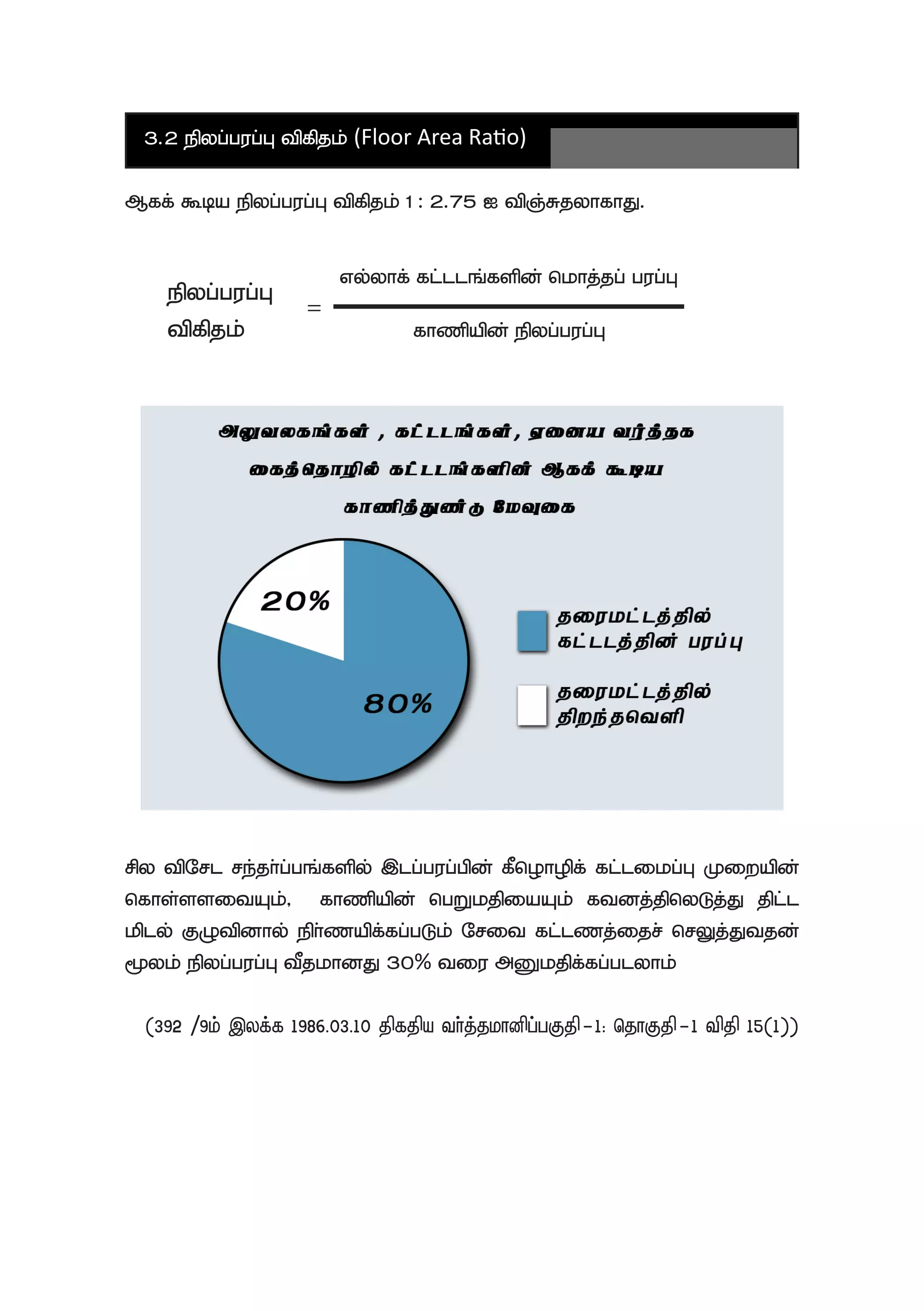 3.2 epyg;gug;G tpfpjk; (Floor Area Ratio)
Mff; $ba epyg;gug;G tpfpjk; 1 : 2.75 I tpQ;RjyhfhJ.
rpy tpNrl re;jh;g;gq;fspy; ,lg;gug;gpd; fPnohopf; fl;likg;G Kiwapd;
nfhs;ssitAk;> fhzpapd; ngWkjpiaAk; ftdj;jpnyLj;J jpl;l
kply; FOtpdhy; eph;zapf;fg;gLk; Nrit fl;lzj;ijr;; nrYj;Jtjd;
%yk; epyg;gug;G tPjkhdJ 30% tiu mDkjpf;fg;glyhk;
(392 /9k; ,yf;f 1986.03.10 jpfjpa th;j;jkhdpg;gFjp-1: njhFjp-1 tpjp 15(1))
epyg;gug;G
tpfpjk;
vy;yhf; fl;llq;fspd; nkhj;jg; gug;G
fhzpapd; epyg;gug;G
=
 