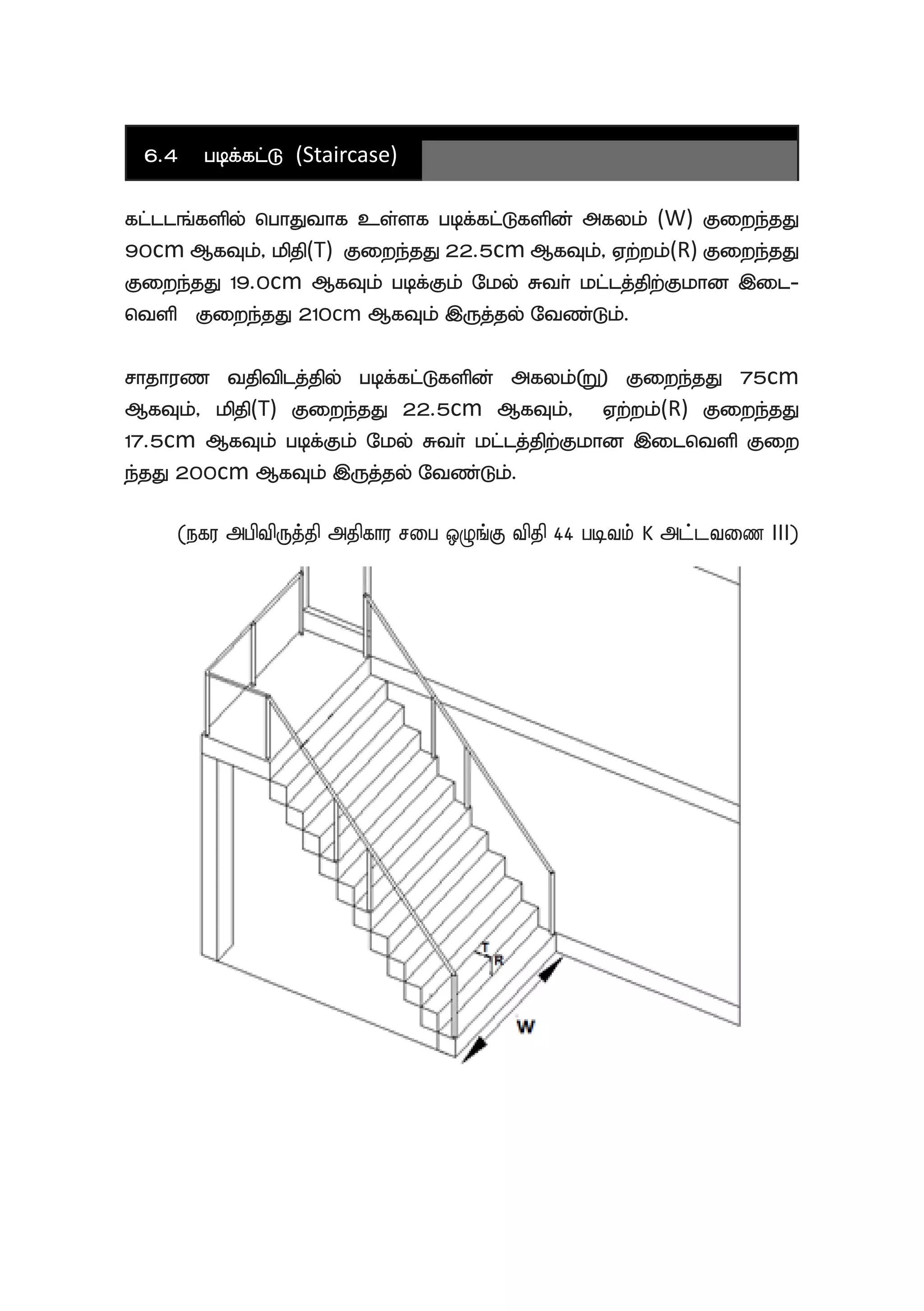 6.4	 gbf;fl;L (Staircase)
fl;llq;fspy; nghJthf cs;sf gbf;fl;Lfspd; mfyk; (W) Fiwe;jJ
90cm MfTk;> kpjp(T) Fiwe;jJ 22.5cm MfTk;> Vw;wk;(R) Fiwe;jJ
Fiwe;jJ 19.0cm MfTk; gbf;Fk; Nky; Rth; kl;lj;jpw;Fkhd ,il-
ntsp Fiwe;jJ 210cm MfTk; ,Uj;jy; Ntz;Lk;.
rhjhuz tjptplj;jpy; gbf;fl;Lfspd; mfyk;(W) Fiwe;jJ 75cm
MfTk;> kpjp(T) Fiwe;jJ 22.5cm MfTk;> Vw;wk;(R) Fiwe;jJ
17.5cm MfTk; gbf;Fk; Nky; Rth; kl;lj;jpw;Fkhd ,ilntsp Fiw
e;jJ 200cm MfTk; ,Uj;jy; Ntz;Lk;.
(efu mgptpUj;jp mjpfhu rig xOq;F tpjp 44 gbtk; K ml;ltiz III)
 