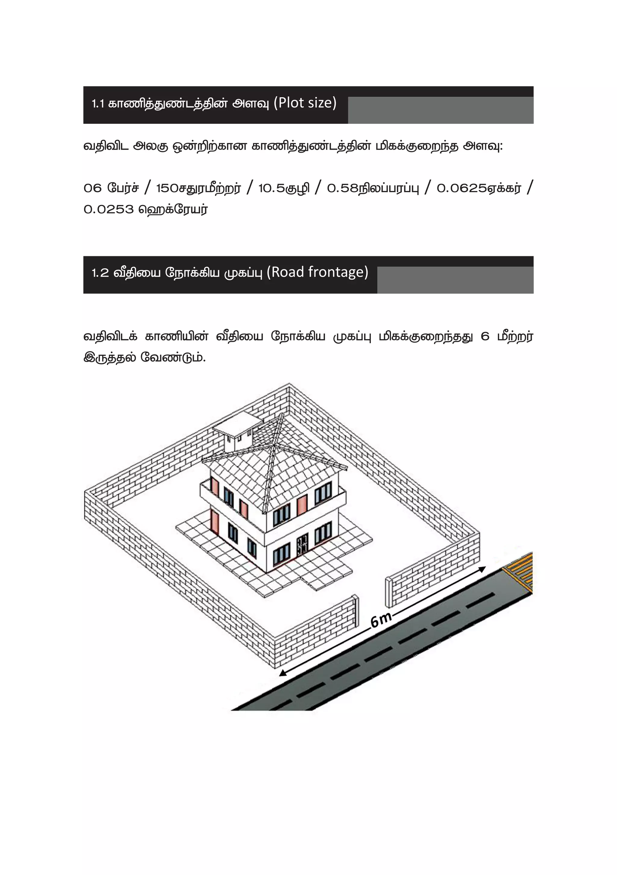 1.1 fhzpj;Jz;lj;jpd; msT (Plot size)
tjptpl myF xd;wpw;fhd fhzpj;Jz;lj;jpd; kpff;;Fiwe;j msT:
06 Ngu;r; / 150rJukPw;wu; / 10.5Fop / 0.58epyg;gug;G / 0.0625Vf;fu; /
0.0253 n`f;Nuau;
1.2 tPjpia Nehf;fpa Kfg;G (Road frontage)
tjptplf; fhzpapd; tPjpia Nehf;fpa Kfg;G kpff;Fiwe;jJ 6 kPw;wu;
,Uj;jy; Ntz;Lk;.
 