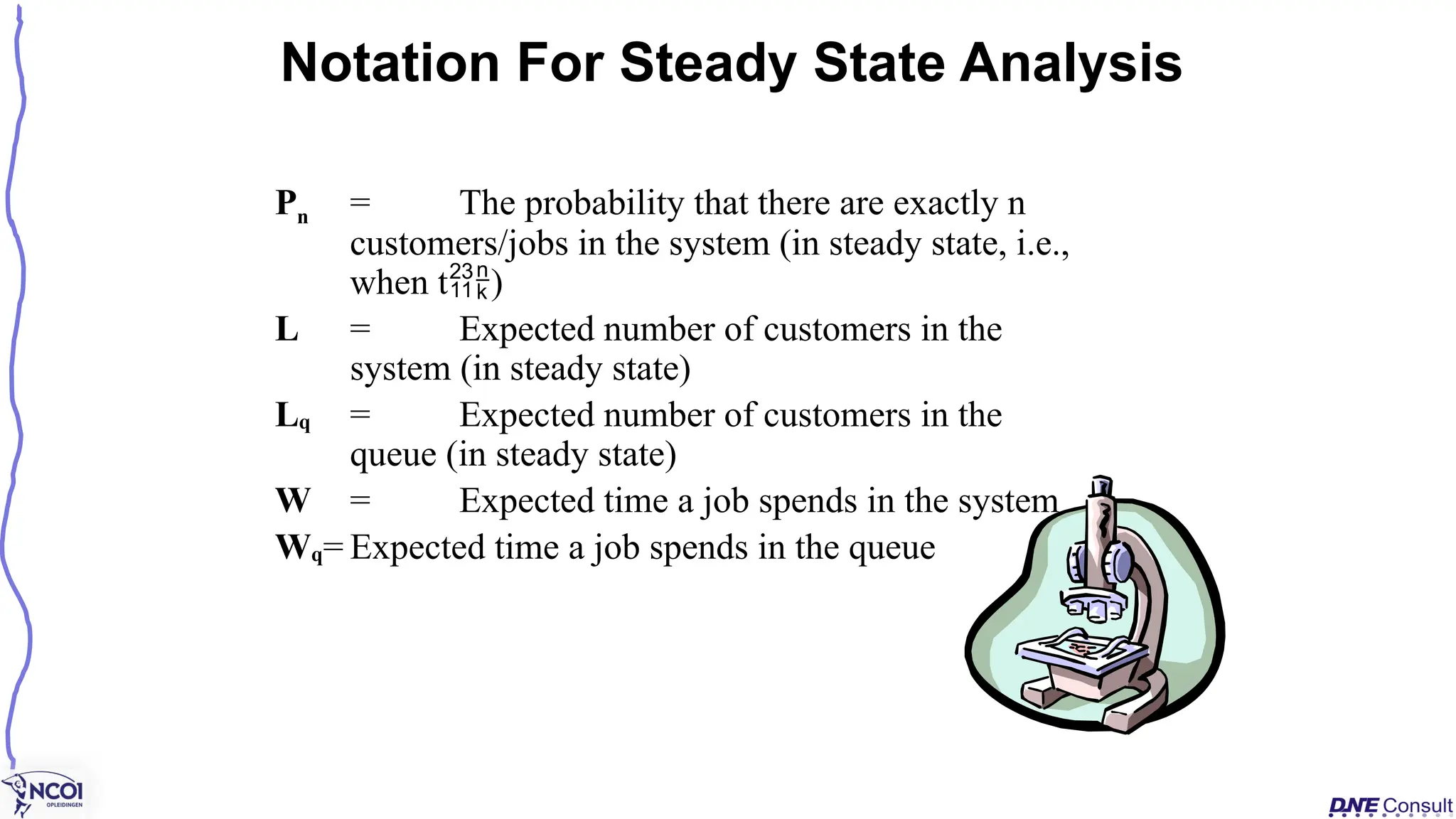 Pn = The probability that there are exactly n
customers/jobs in the system (in steady state, i.e.,
when t)
L = Expected number of customers in the
system (in steady state)
Lq = Expected number of customers in the
queue (in steady state)
W = Expected time a job spends in the system
Wq= Expected time a job spends in the queue
Notation For Steady State Analysis
 