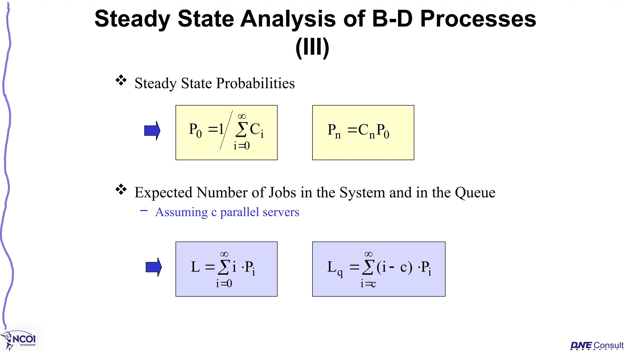  Steady State Probabilities
 Expected Number of Jobs in the System and in the Queue
– Assuming c parallel servers
Steady State Analysis of B-D Processes
(III)




0
i
i
0 C
1
P 0
n
n P
C
P 





0
i
i
P
i
L 





c
i
i
q P
)
c
i
(
L
 