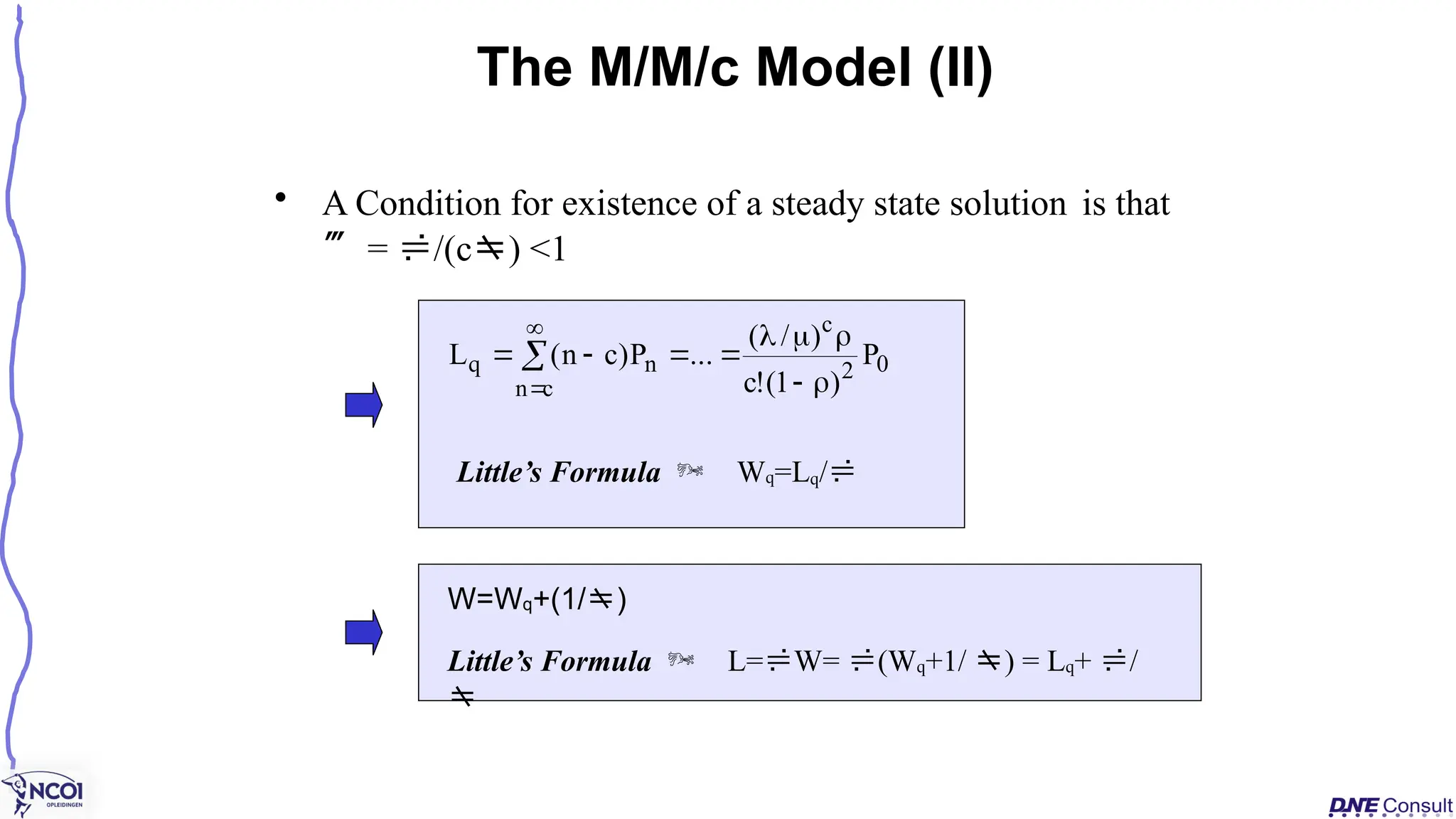 W=Wq+(1/)
Little’s Formula  Wq=Lq/
The M/M/c Model (II)
0
2
c
c
n
n
q P
)
1
(
!
c
)
/
(
...
P
)
c
n
(
L








 


• A Condition for existence of a steady state solution is that
 = /(c) <1
Little’s Formula  L=W= (Wq+1/ ) = Lq+ /

 