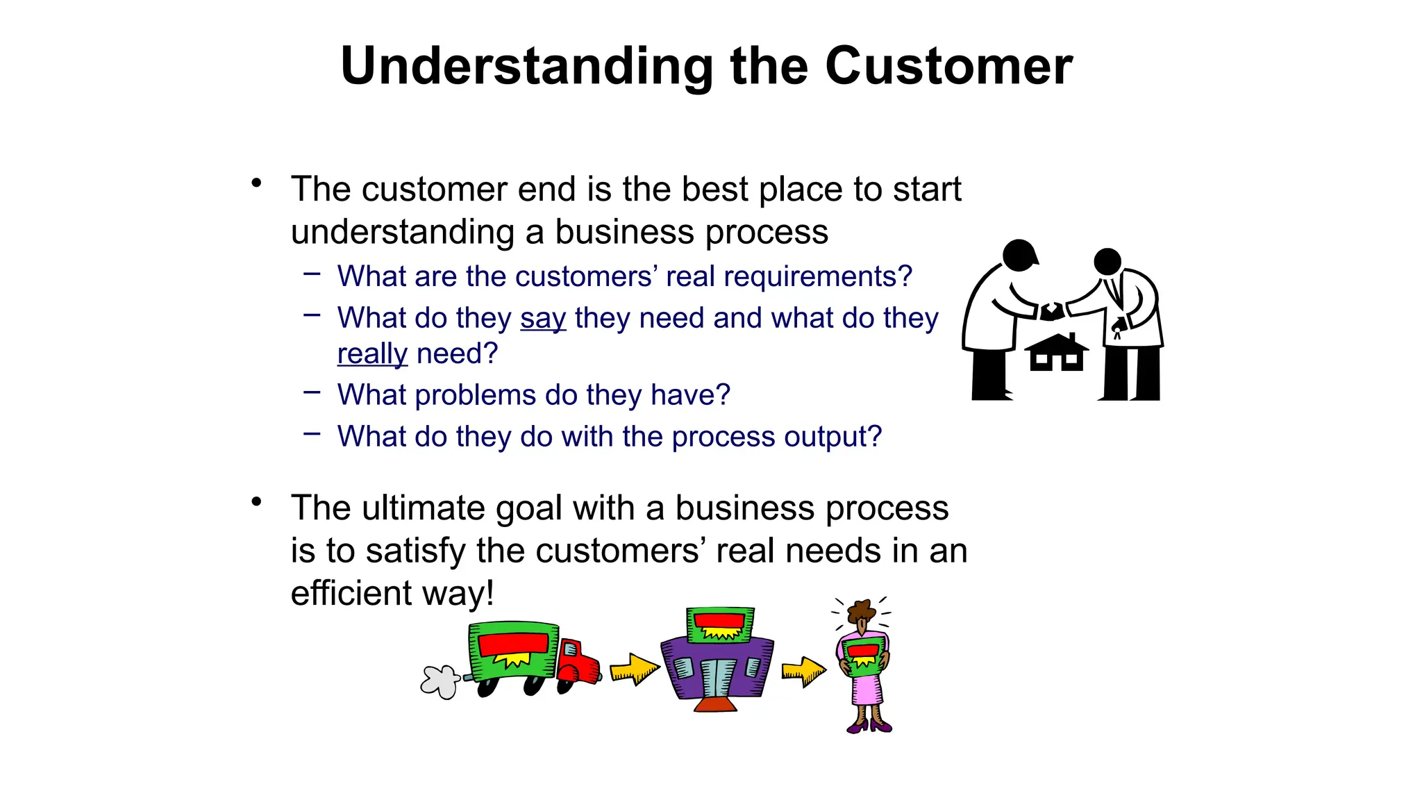Understanding the Customer
• The customer end is the best place to start
understanding a business process
– What are the customers’ real requirements?
– What do they say they need and what do they
really need?
– What problems do they have?
– What do they do with the process output?
• The ultimate goal with a business process
is to satisfy the customers’ real needs in an
efficient way!
 