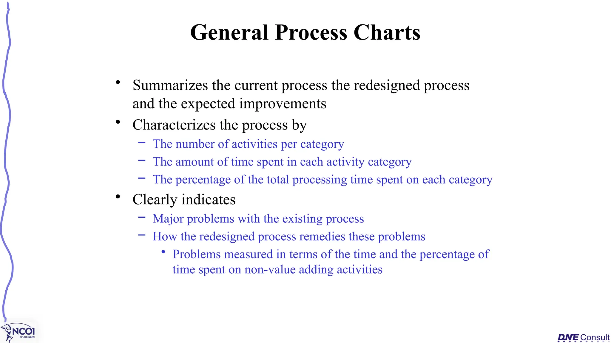 • Summarizes the current process the redesigned process
and the expected improvements
• Characterizes the process by
– The number of activities per category
– The amount of time spent in each activity category
– The percentage of the total processing time spent on each category
• Clearly indicates
– Major problems with the existing process
– How the redesigned process remedies these problems
• Problems measured in terms of the time and the percentage of
time spent on non-value adding activities
General Process Charts
 
