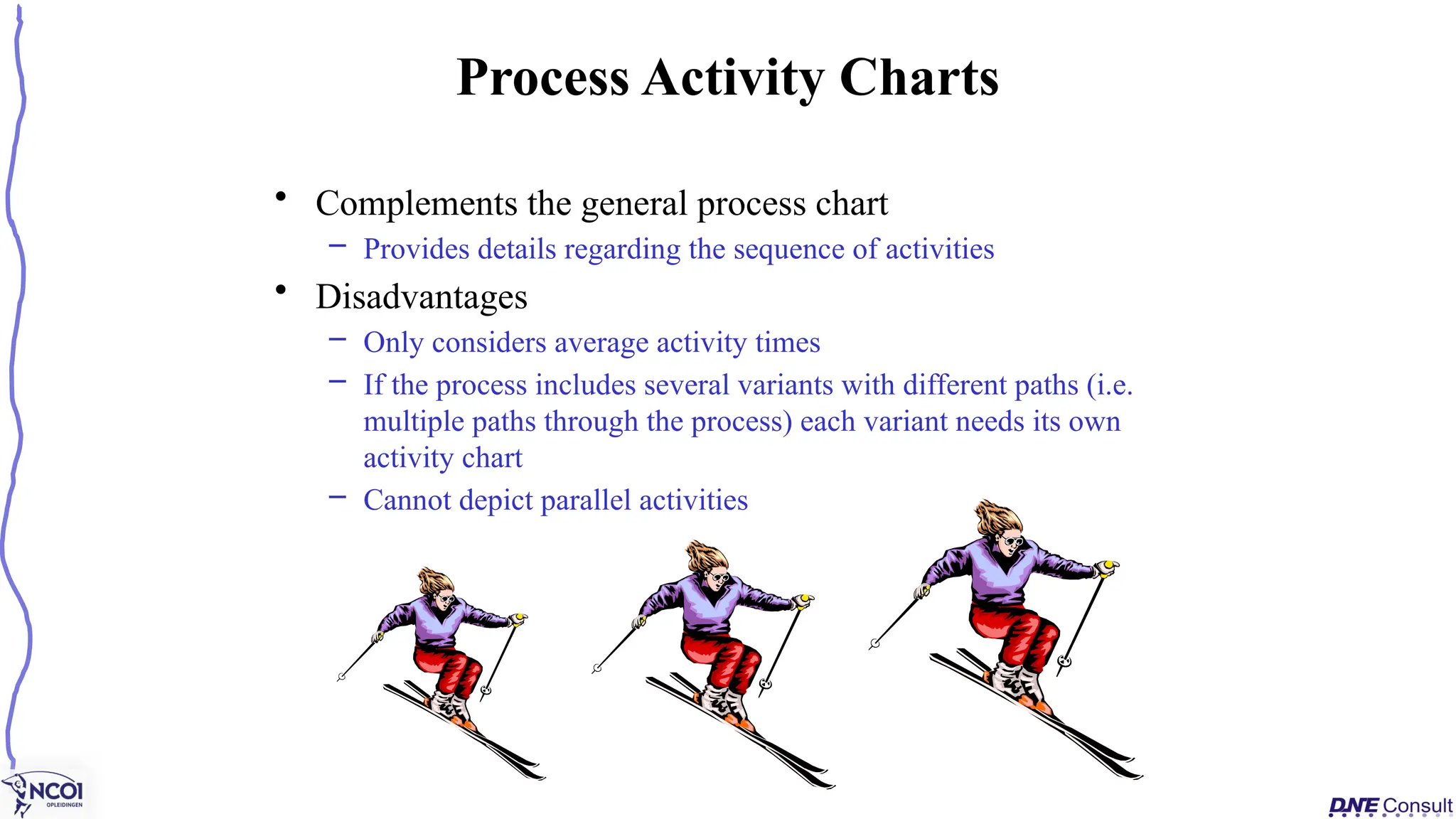 • Complements the general process chart
– Provides details regarding the sequence of activities
• Disadvantages
– Only considers average activity times
– If the process includes several variants with different paths (i.e.
multiple paths through the process) each variant needs its own
activity chart
– Cannot depict parallel activities
Process Activity Charts
 