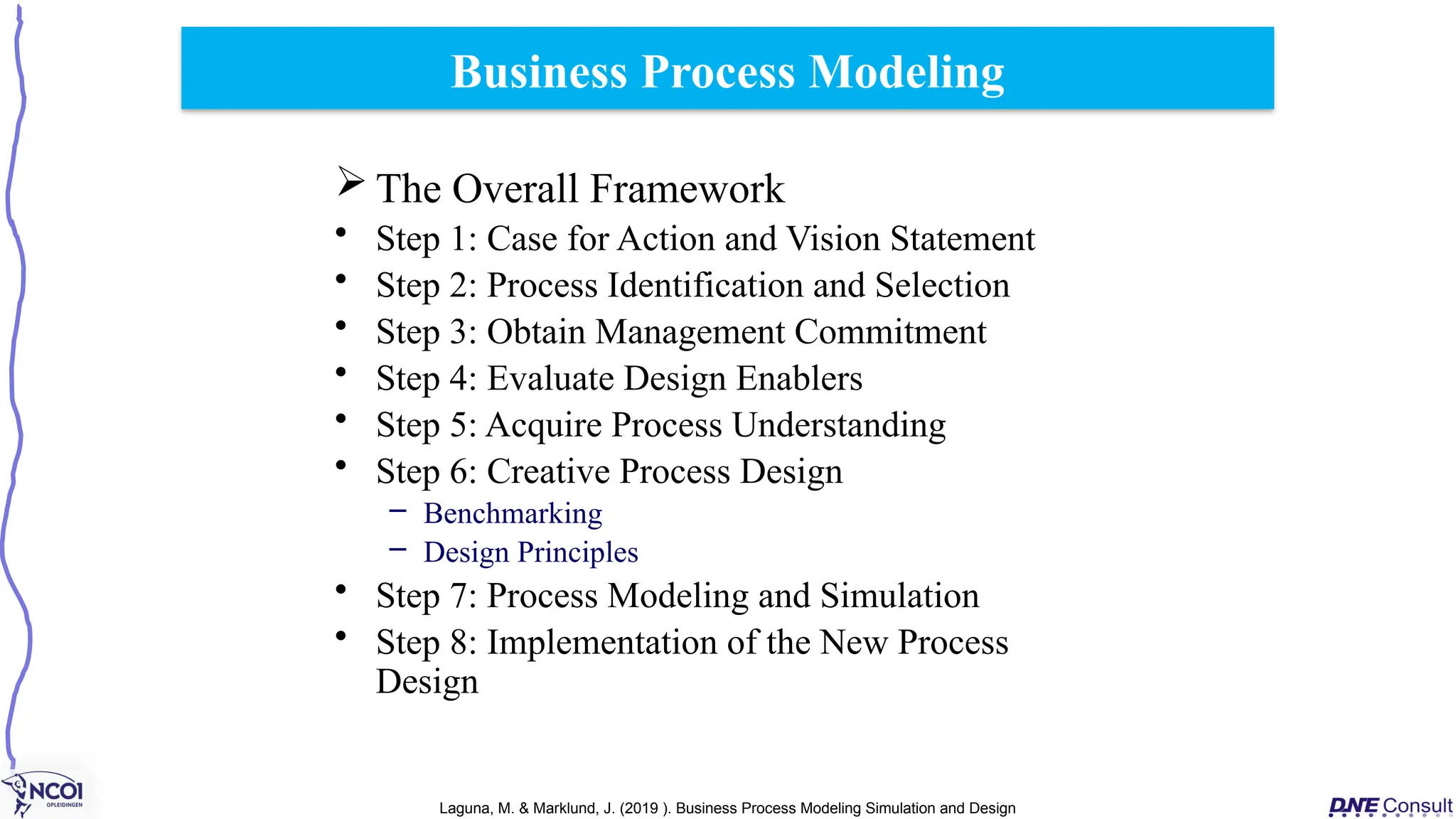 Business Process Modeling
Laguna, M. & Marklund, J. (2019 ). Business Process Modeling Simulation and Design
 The Overall Framework
• Step 1: Case for Action and Vision Statement
• Step 2: Process Identification and Selection
• Step 3: Obtain Management Commitment
• Step 4: Evaluate Design Enablers
• Step 5: Acquire Process Understanding
• Step 6: Creative Process Design
– Benchmarking
– Design Principles
• Step 7: Process Modeling and Simulation
• Step 8: Implementation of the New Process
Design
 