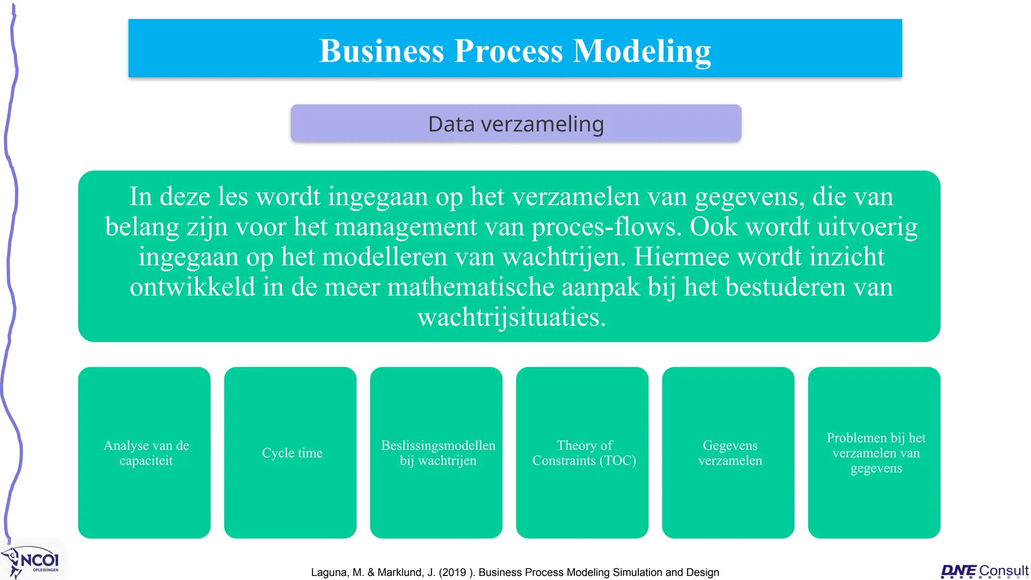 Business Process Modeling
Data verzameling
Laguna, M. & Marklund, J. (2019 ). Business Process Modeling Simulation and Design
In deze les wordt ingegaan op het verzamelen van gegevens, die van
belang zijn voor het management van proces-flows. Ook wordt uitvoerig
ingegaan op het modelleren van wachtrijen. Hiermee wordt inzicht
ontwikkeld in de meer mathematische aanpak bij het bestuderen van
wachtrijsituaties.
Analyse van de
capaciteit
Cycle time
Beslissingsmodellen
bij wachtrijen
Theory of
Constraints (TOC)
Gegevens
verzamelen
Problemen bij het
verzamelen van
gegevens
 