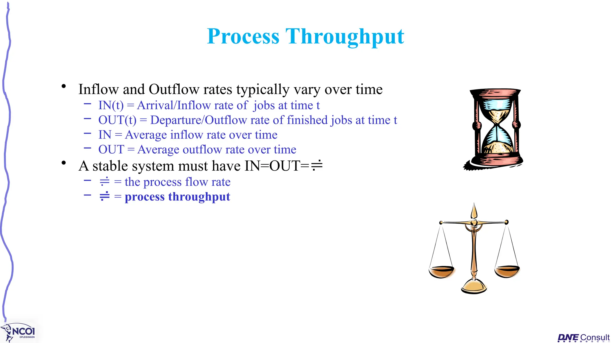 • Inflow and Outflow rates typically vary over time
– IN(t) = Arrival/Inflow rate of jobs at time t
– OUT(t) = Departure/Outflow rate of finished jobs at time t
– IN = Average inflow rate over time
– OUT = Average outflow rate over time
• A stable system must have IN=OUT=
–  = the process flow rate
–  = process throughput
Process Throughput
 