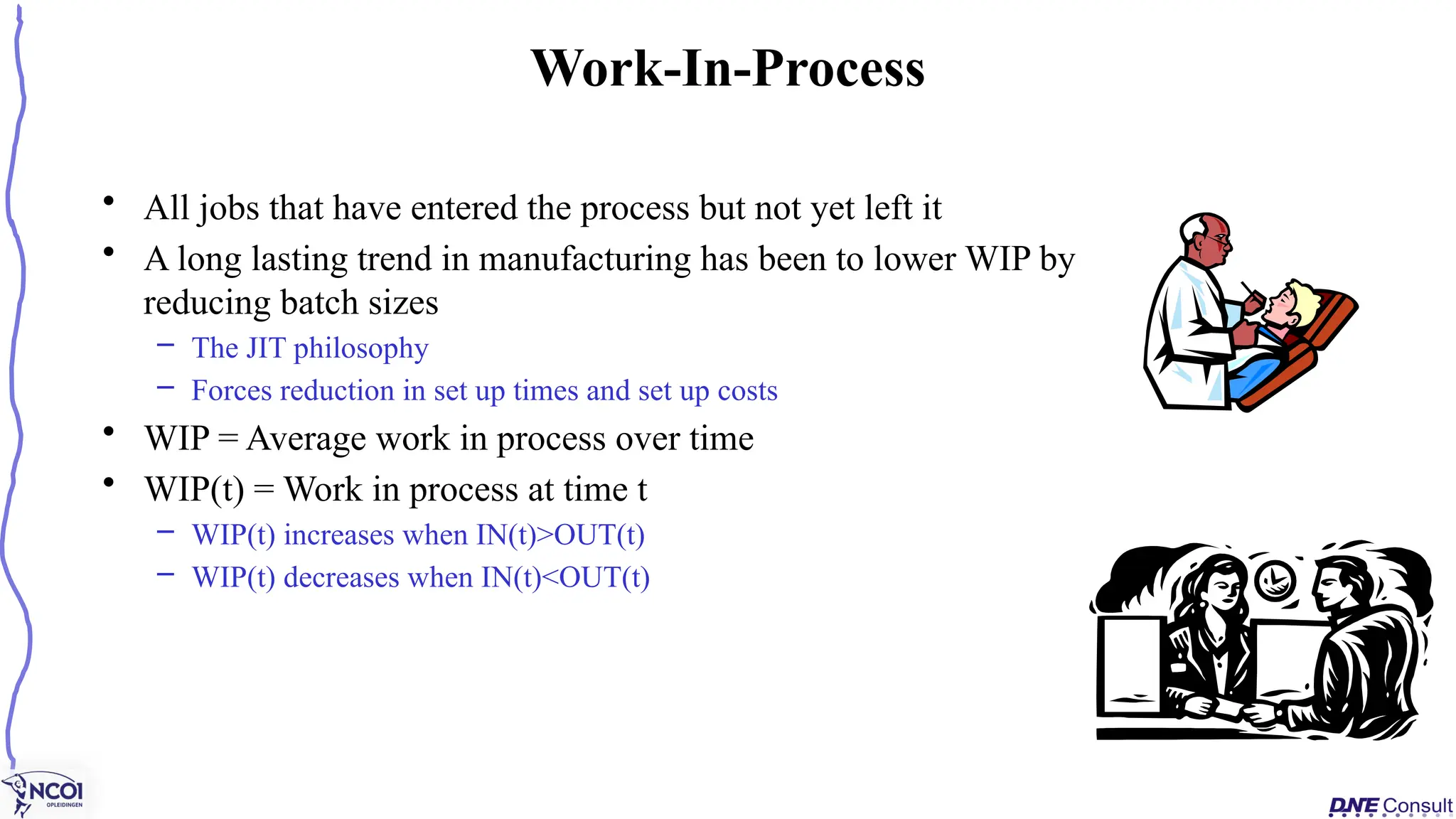 • All jobs that have entered the process but not yet left it
• A long lasting trend in manufacturing has been to lower WIP by
reducing batch sizes
– The JIT philosophy
– Forces reduction in set up times and set up costs
• WIP = Average work in process over time
• WIP(t) = Work in process at time t
– WIP(t) increases when IN(t)>OUT(t)
– WIP(t) decreases when IN(t)<OUT(t)
Work-In-Process
 