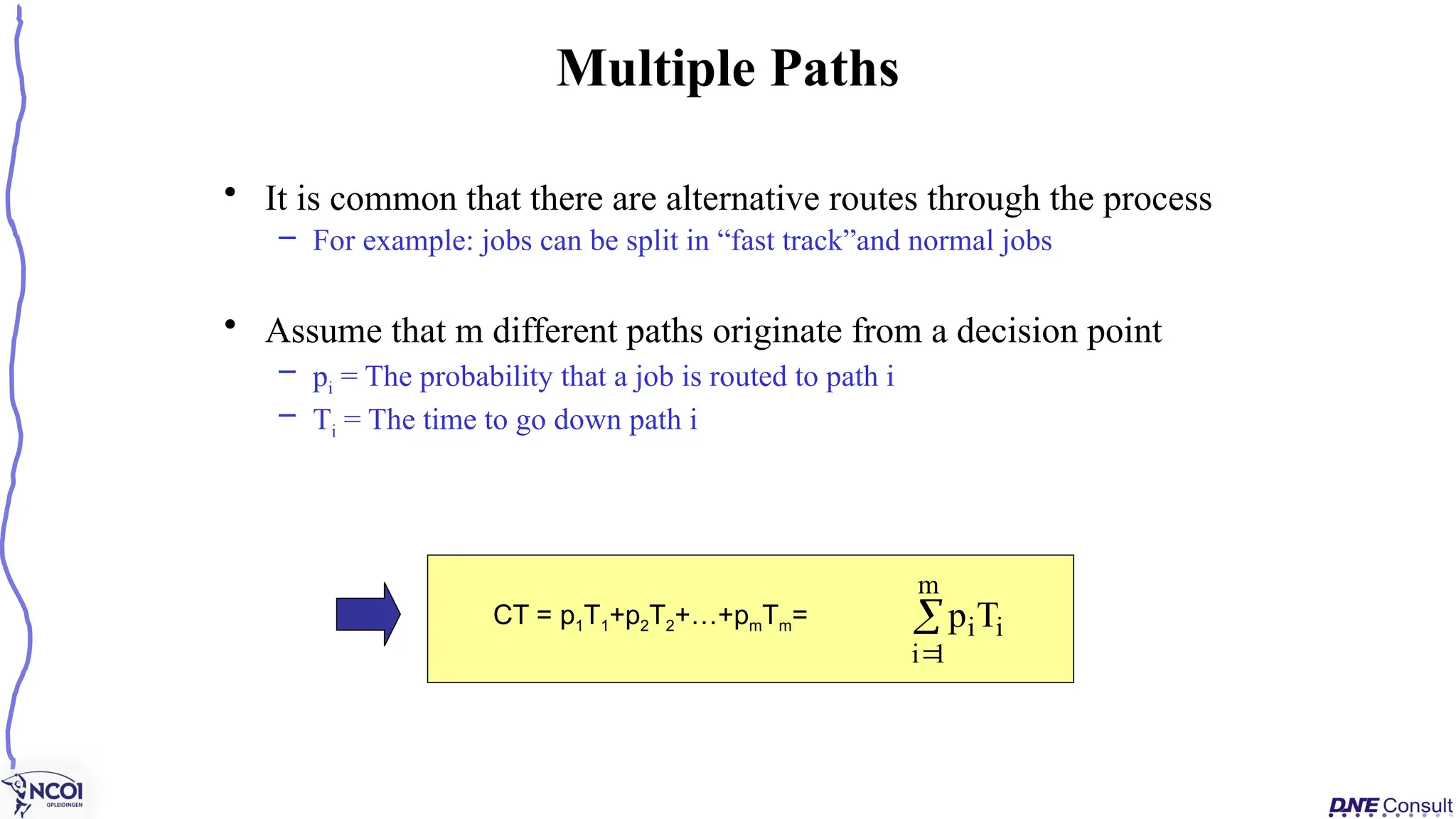 • It is common that there are alternative routes through the process
– For example: jobs can be split in “fast track”and normal jobs
• Assume that m different paths originate from a decision point
– pi = The probability that a job is routed to path i
– Ti = The time to go down path i
Multiple Paths
CT = p1T1+p2T2+…+pmTm= 

m
1
i
i
iT
p
 