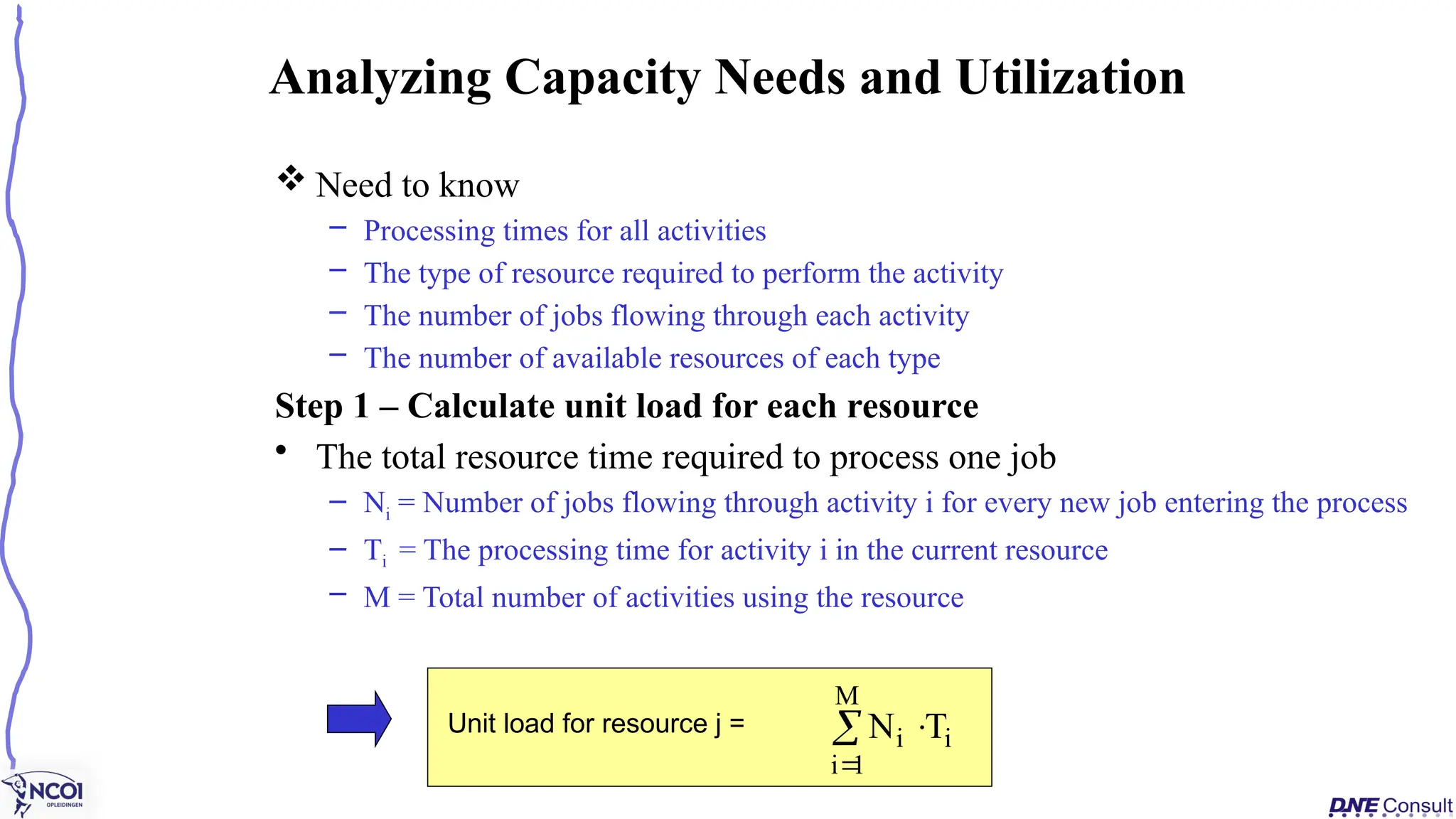  Need to know
– Processing times for all activities
– The type of resource required to perform the activity
– The number of jobs flowing through each activity
– The number of available resources of each type
Step 1 – Calculate unit load for each resource
• The total resource time required to process one job
– Ni = Number of jobs flowing through activity i for every new job entering the process
– Ti = The processing time for activity i in the current resource
– M = Total number of activities using the resource
Analyzing Capacity Needs and Utilization
Unit load for resource j = 


M
1
i
i
i T
N
 