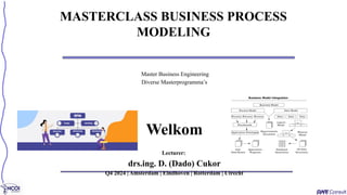 MASTERCLASS BUSINESS PROCESS
MODELING
Master Business Engineering
Diverse Masterprogramma’s
Welkom
Lecturer:
drs.ing. D. (Dado) Cukor
Q4 2024 | Amsterdam | Eindhoven | Rotterdam | Utrecht
 