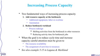 • Two fundamental ways of increasing process capacity
1. Add resource capacity at the bottleneck
– Additional equipment, labor or overtime
– Automation
2. Reduce bottleneck workload
– Process redesign
 Shifting activities from the bottleneck to other resources
 Reducing activity time for bottleneck jobs
• When the goal is to reduce cycle time and increase
capacity careful attention must be given to
– The resource availability
– The assignment of activities to resources
• See also example 5.15 in Laguna & Marklund
Increasing Process Capacity
 