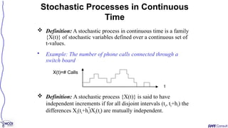  Definition: A stochastic process in continuous time is a family
{X(t)} of stochastic variables defined over a continuous set of
t-values.
• Example: The number of phone calls connected through a
switch board
 Definition: A stochastic process {X(t)} is said to have
independent increments if for all disjoint intervals (ti, ti+hi) the
differences Xi(ti+hi)Xi(ti) are mutually independent.
Stochastic Processes in Continuous
Time
X(t)=# Calls
t
 
