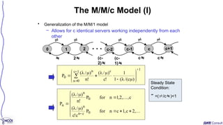 The M/M/c Model (I)
1
c
1
c
0
n
n
0
)
c
/(
(
1
1
!
c
)
/
(
!
n
)
/
(
P




















 



















,
2
c
,
1
c
n
for
P
c
!
c
)
/
(
c
,
,
2
,
1
n
for
P
!
n
)
/
(
P
0
c
n
n
0
n
n
0 
   
 2 (c-
1)
c
1 c
c-2
2 c+1

c
c-1
(c-
2)
• Generalization of the M/M/1 model
– Allows for c identical servers working independently from each
other
Steady State
Condition:
=(/c)<1
 