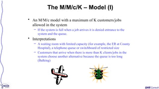 • An M/M/c model with a maximum of K customers/jobs
allowed in the system
– If the system is full when a job arrives it is denied entrance to the
system and the queue.
• Interpretations
– A waiting room with limited capacity (for example, the ER at County
Hospital), a telephone queue or switchboard of restricted size
– Customers that arrive when there is more than K clients/jobs in the
system choose another alternative because the queue is too long
(Balking)
The M/M/c/K – Model (I)
 