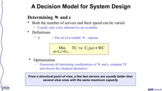 Determining  and c
• Both the number of servers and their speed can be varied
– Usually only a few alternatives are available
• Definitions
– A = The set of available  - options
A Decision Model for System Design
WC
)
(
C
c
TC
Min s
,...
1
,
0
c
,
A







From a structural point of view, a few fast servers are usually better than
several slow ones with the same maximum capacity
• Optimization
– Enumerate all interesting combinations of  and c, compute TC
and choose the cheapest alternative
 
