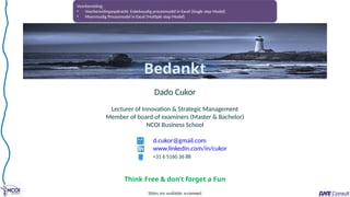 Dado Cukor
Lecturer of Innovation & Strategic Management
Member of board of examiners (Master & Bachelor)
NCOI Business School
d.cukor@gmail.com
www.linkedin.com/in/cukor
+31 6 5160 36 88
Bedankt
Slides are available: e-connect
Think Free & don’t forget a Fun
Voorbereiding:
• Voorbereidingsopdracht: Enkelvoudig procesmodel in Excel (Single step Model)
• Meervoudig Procesmodel in Excel (Multiple step Model)
 