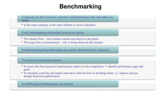 Benchmarking
• In the same company, in the same industry or across industries
Comparing the firm’s/process’s activities and performance with what others are
doing
• The initiator firm – who initiates contact and observes (the pupil)
• The target firm (or benchmark) – who is being observed (the master)
Every benchmarking relationship involves two parties
Fruitful benchmarking relationships are usually characterized by reciprocity
• To assess the firm’s/process’s performance relative to the competition  identify performance gaps and
goals
• To stimulate creativity and inspire innovative ideas for how to do things better, i.e. improve process
designs & process performance
Two basic benchmarking purposes
For BPD projects both purposes are relevant
 
