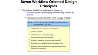 • Stems from the field of industrial engineering
– Successfully used for designing manufacturing systems for
decades
Seven Workflow Oriented Design
Principles
 Establish product orientation in the process
 Eliminate Buffers
 Establish one at a time processing
 Balance the flow to the bottleneck
 Minimize sequential processing and hand-offs
 Schedule work based on its critical characteristics
 Minimize multiple paths due to specialized operations
for exception handling
Traditional, technically oriented workflow design principles
Focus: Efficient process flows, managing resource capacity,
throughput and cycle times
 