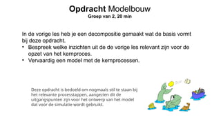 In de vorige les heb je een decompositie gemaakt wat de basis vormt
bij deze opdracht.
• Bespreek welke inzichten uit de de vorige les relevant zijn voor de
opzet van het kernproces.
• Vervaardig een model met de kernprocessen.
Opdracht Modelbouw
Groep van 2, 20 min
Deze opdracht is bedoeld om nogmaals stil te staan bij
het relevante processtappen, aangezien dit de
uitgangspunten zijn voor het ontwerp van het model
dat voor de simulatie wordt gebruikt.
 