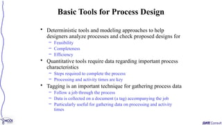 • Deterministic tools and modeling approaches to help
designers analyze processes and check proposed designs for
– Feasibility
– Completeness
– Efficiency
• Quantitative tools require data regarding important process
characteristics
– Steps required to complete the process
– Processing and activity times are key
• Tagging is an important technique for gathering process data
– Follow a job through the process
– Data is collected on a document (a tag) accompanying the job
– Particularly useful for gathering data on processing and activity
times
Basic Tools for Process Design
 
