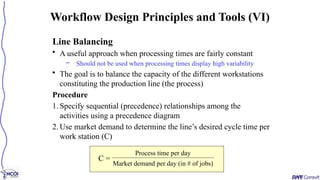 Line Balancing
• A useful approach when processing times are fairly constant
– Should not be used when processing times display high variability
• The goal is to balance the capacity of the different workstations
constituting the production line (the process)
Procedure
1. Specify sequential (precedence) relationships among the
activities using a precedence diagram
2. Use market demand to determine the line’s desired cycle time per
work station (C)
Workflow Design Principles and Tools (VI)
C =
Process time per day
Market demand per day (in # of jobs)
 