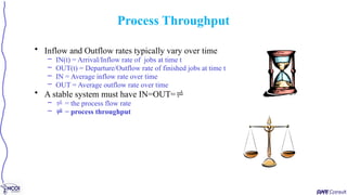 • Inflow and Outflow rates typically vary over time
– IN(t) = Arrival/Inflow rate of jobs at time t
– OUT(t) = Departure/Outflow rate of finished jobs at time t
– IN = Average inflow rate over time
– OUT = Average outflow rate over time
• A stable system must have IN=OUT=
–  = the process flow rate
–  = process throughput
Process Throughput
 