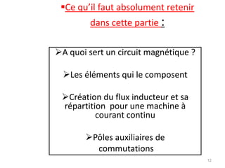 Ce qu’il faut absolument retenir dans cette partie : 
A quoi sert un circuit magnétique ? 
Les éléments qui le composent 
Création du flux inducteur et sa répartition pour une machine à courant continu 
Pôles auxiliaires de 
commutations 
12  