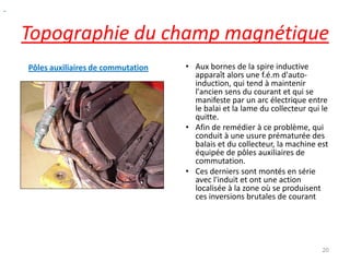 Topographie du champ magnétique 
Pôles auxiliaires de commutation 
•Aux bornes de la spire inductive apparaît alors une f.é.m d'auto- induction, qui tend à maintenir l'ancien sens du courant et qui se manifeste par un arc électrique entre le balai et la lame du collecteur qui le quitte. 
•Afin de remédier à ce problème, qui conduit à une usure prématurée des balais et du collecteur, la machine est équipée de pôles auxiliaires de commutation. 
•Ces derniers sont montés en série avec l'induit et ont une action localisée à la zone où se produisent ces inversions brutales de courant 
20 
 