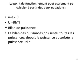 Le point de fonctionnement peut également se calculer à partir des deux équations : 
•u=E- RI 
•U =Rh*I 
Bilan de puissance 
•Le bilan des puissances pr »sente toutes les puissances, depuis la puissance absorbée la puissance utile 
37  