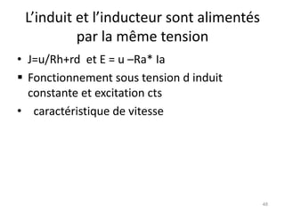 L’induit et l’inducteur sont alimentés par la même tension 
•J=u/Rh+rd et E = u –Ra* Ia 
Fonctionnement sous tension d induit constante et excitation cts 
• caractéristique de vitesse 
48  