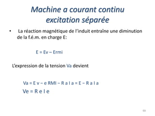 Machine a courant continu excitation séparée 
• La réaction magnétique de l’induit entraîne une diminution de la f.é.m. en charge E: 
E = Ev – Ermi 
L’expression de la tension Va devient 
Va = E v − e RMI − R a I a = E − R a I a 
Ve = R e I e 
69  
