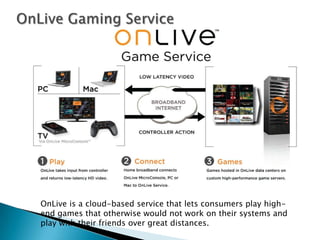 OnLive is a cloud-based service that lets consumers play high-
end games that otherwise would not work on their systems and
play with their friends over great distances.
 