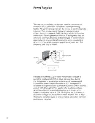 Power Supplies




    The major source of electrical power used by motor control
    centers is an AC generator located at a power-generating
    facility. AC generators operate on the theory of electromagnetic
    induction. This simply means that when conductors are
    moved through a magnetic field, a voltage is induced into the
    conductors. A basic generator consists of a magnetic field, an
    armature, slip rings, brushes, and some type of resistive load.
    An armature is any number of conductive wires (conductors)
    wound in loops which rotate through the magnetic field. For
    simplicity, one loop is shown.




    If the rotation of the AC generator were tracked through a
    complete revolution of 360°, it could be seen that during
    the first quarter of a revolution voltage would increase until
    it reached a maximum positive value at 90°. Voltage would
    decrease during the second quarter of revolution until it reached
    zero at 180°. During the third quarter of a revolution voltage
    would increase in the opposite direction until it reached a
    maximum negative value at 270°. During the last quarter of a
    revolution voltage would decrease until it reached zero at 360°.
    This is one complete cycle or one complete alternation between
    positive and negative.




8
 
