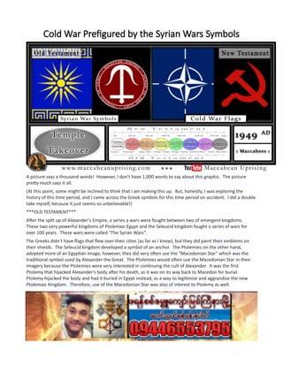 Cold War Prefigured by the Syrian Wars Symbols
A picture says a thousand words! However, I don't have 1,000 words to say about this graphic. The picture
pretty much says it all.
(At this point, some might be inclined to think that I am making this up. But, honestly, I was exploring the
history of this time period, and I came across the Greek symbols for this time period on accident. I did a double
take myself, because it just seems so unbelievable!)
***OLD TESTAMENT***
After the split up of Alexander's Empire, a series a wars were fought between two of emergent kingdoms.
These two very powerful kingdoms of Ptolemaic Egypt and the Seleucid kingdom fought a series of wars for
over 100 years. These wars were called "The Syrian Wars".
The Greeks didn't have flags that flew over their cities (as far as I know), but they did paint their emblems on
their shields. The Seleucid kingdom developed a symbol of an anchor. The Ptolemies on the other hand,
adopted more of an Egyptian image, however, they did very often use the "Macedonian Star" which was the
traditional symbol used by Alexander the Great. The Ptolemies would often use the Macedonian Star in their
imagery because the Ptolemies were very interested in continuing the cult of Alexander. It was the first
Ptolemy that hijacked Alexander's body after his death, as it was on its way back to Macedon for burial.
Ptolemy hijacked the body and had it buried in Egypt instead, as a way to legitimize and aggrandize the new
Ptolemaic Kingdom. Therefore, use of the Macedonian Star was also of interest to Ptolemy as well.
Pictured in the graphic are the Macedonian Star on the left and the Seleucid Anchor on the right.
-------------------------------------------------------
***CHURCH HISTORY (NEW TESTAMENT)***
After World War II, and the partition of conquered Germany, America and the Soviet Union were left as the
world's two superpowers. The end of World War II was the start of the Cold War (See previous pages), which
 