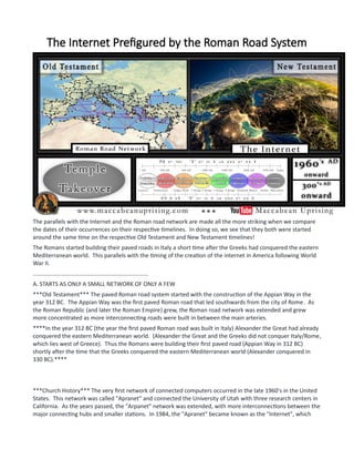 The Internet Prefigured by the Roman Road System
The parallels with the Internet and the Roman road network are made all the more striking when we compare
the dates of their occurrences on their respective timelines. In doing so, we see that they both were started
around the same time on the respective Old Testament and New Testament timelines!
The Romans started building their paved roads in Italy a short time after the Greeks had conquered the eastern
Mediterranean world. This parallels with the timing of the creation of the internet in America following World
War II.
........................................................................
A. STARTS AS ONLY A SMALL NETWORK OF ONLY A FEW
***Old Testament*** The paved Roman road system started with the construction of the Appian Way in the
year 312 BC. The Appian Way was the first paved Roman road that led southwards from the city of Rome. As
the Roman Republic (and later the Roman Empire) grew, the Roman road network was extended and grew
more concentrated as more interconnecting roads were built in between the main arteries.
****In the year 312 BC (the year the first paved Roman road was built in Italy) Alexander the Great had already
conquered the eastern Mediterranean world. (Alexander the Great and the Greeks did not conquer Italy/Rome,
which lies west of Greece). Thus the Romans were building their first paved road (Appian Way in 312 BC)
shortly after the time that the Greeks conquered the eastern Mediterranean world (Alexander conquered in
330 BC).****
***Church History*** The very first network of connected computers occurred in the late 1960's in the United
States. This network was called "Apranet" and connected the University of Utah with three research centers in
California. As the years passed, the "Arpanet" network was extended, with more interconnections between the
major connecting hubs and smaller stations. In 1984, the "Apranet" became known as the "Internet", which
 