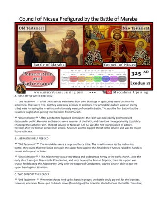Council of Nicaea Prefigured by the Battle of Maraba
A. FIRST BATTLE AFTER FREEDOM
***Old Testament*** After the Israelites were freed from their bondage in Egypt, they went out into the
wilderness. They were free, but they were now exposed to enemies. The Amalekites (which were an enemy
tribe) were harassing the Israelites and ultimately were confronted in battle. This was the first battle that the
Israelites fought after gaining their freedom from Pharaoh.
***Church History*** After Constantine legalized Christianity, the Faith was now openly promoted and
discussed in public. Heresies and heretics were enemies of the Faith, and they took the opportunity to publicly
challenge the Catholic Faith. The First Council of Nicaea in 325 AD was the first council called to address
heresies after the Roman persecution ended. Arianism was the biggest threat to the Church and was the major
focus at Nicaea.
..................................................
B. LIBERATOR'S HELP NEEDED
***Old Testament*** The Amalekites were a large and fierce tribe. The Israelites were led by Joshua into
battle. They found that they could only gain the upper hand against the Amalekites IF Moses raised his hands in
prayer and support of Israel.
***Church History*** The Arian heresy was a very strong and widespread heresy in the early church. Since the
early church was just liberated by Constantine, and since he was the Roman Emperor, then his support was
crucial for defeating the Arian heresy. Only with the support of Constantine, was the Church able to gain the
upper hand against Arianism.
..................................................
C. TWO SUPPORT THE LEADER
***Old Testament*** Whenever Moses held up his hands in prayer, the battle would go well for the Israelites.
However, whenever Moses put his hands down (from fatigue) the Israelites started to lose the battle. Therefore,
 