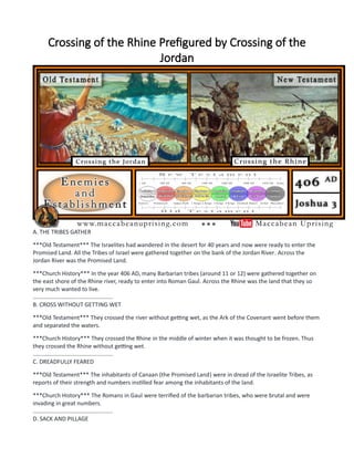 Crossing of the Rhine Prefigured by Crossing of the
Jordan
A. THE TRIBES GATHER
***Old Testament*** The Israelites had wandered in the desert for 40 years and now were ready to enter the
Promised Land. All the Tribes of Israel were gathered together on the bank of the Jordan River. Across the
Jordan River was the Promised Land.
***Church History*** In the year 406 AD, many Barbarian tribes (around 11 or 12) were gathered together on
the east shore of the Rhine river, ready to enter into Roman Gaul. Across the Rhine was the land that they so
very much wanted to live.
..................................................
B. CROSS WITHOUT GETTING WET
***Old Testament*** They crossed the river without getting wet, as the Ark of the Covenant went before them
and separated the waters.
***Church History*** They crossed the Rhine in the middle of winter when it was thought to be frozen. Thus
they crossed the Rhine without getting wet.
..................................................
C. DREADFULLY FEARED
***Old Testament*** The inhabitants of Canaan (the Promised Land) were in dread of the Israelite Tribes, as
reports of their strength and numbers instilled fear among the inhabitants of the land.
***Church History*** The Romans in Gaul were terrified of the barbarian tribes, who were brutal and were
invading in great numbers.
..................................................
D. SACK AND PILLAGE
 