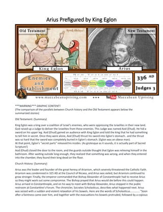Arius Prefigured by King Eglon
***WARNING*** GRAPHIC CONTENT!
(The comparison of the parallels between Church history and the Old Testament appears below the
summarized stories)
Old Testament: (Summary)
King Eglon was a king over a coalition of Israel's enemies, who were oppressing the Israelites in their new land.
God raised up a Judge to deliver the Israelites from these enemies. This Judge was named Aod (Ehud). He hid a
sword on his upper leg. Aod (Ehud) gained an audience with King Eglon and told the king that he had something
to tell him in secret. Once they were alone, Aod (Ehud) thrust his sword into Eglon's stomach.. and the thrust
was so hard that the sword was completely buried in Eglon's stomach. (Eglon was an obese man).
At that point, Eglon's "secret parts" released his insides. (As grotesque as it sounds, it is actually part of Sacred
Scripture!)
Aod (Ehud) closed the door to the room, and the guards outside thought that Eglon was relieving himself in the
bathroom. After waiting outside long enough, they realized that something was wrong, and when they entered
into the chamber, they found their king dead on the floor.
Church History: (Summary)
Arius was the leader and founder of the great heresy of Arianism, which severely threatened the Catholic Faith.
Arianism was condemned in 325 AD at the Council of Nicaea, and Arius was exiled, but Arianism continued to
grow stronger. Finally, the emperor commanded that Bishop Alexander of Constantinople had to receive Arius
so they might work out some compromise. The Bishop prayed that Arius would die before this could happen.
Arius arrived in Constantinople, and on his way to meet with Bishop Alexander, Arius stopped in the public
restroom at Constantine's Forum. The chronicler, Socrates Scholasticus, describes what happened next. Arius
was seized with a sudden and violent relaxation of his bowels. Here are the words of Scholasticus............. "Soon
after a faintness came over him, and together with the evacuations his bowels protruded, followed by a copious
 