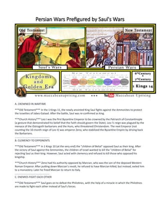 Persian Wars Prefigured by Saul's Wars
A. CROWNED IN WARTIME
***Old Testament*** In the 1 Kings 11, the newly anointed King Saul fights against the Ammonites to protect
the Israelites of Jabes-Galaad. After the battle, Saul was re-confirmed as king.
***Church History*** Leo I was the first Byzantine Emperor to be crowned by the Patriarch of Constantinople
(a gesture that demonstrated his belief that the Faith should govern the State). Leo I's reign was plagued by the
menace of the Ostrogoth barbarians and the Huns, who threatened Christendom. The next Emperor (not
counting the 10-month reign of Leo II) was emperor Zeno, who stabilized the Byzantine Empire by driving back
the Barbarians.
................................................
B. CLEMENCY TO OPPONENTS
***Old Testament*** In 1 Kings 10 (at the very end) the "children of Belial" opposed Saul as their king. After
the victory of Saul against the Ammonites, the children of Israel wanted to kill the "children of Belial" for
rejecting Saul as their king. However, Saul acted with clemency and refused to kill those who opposed his
kingship.
***Church History*** Zeno had his authority opposed by Marcian, who was the son of the deposed Western
Roman Emperor. After putting down Marcian's revolt, he refused to have Marcian killed, but instead, exiled him
to a monastery. Later he freed Marcian to return to Italy.
................................................
C. ENEMIES FIGHT EACH OTHER
***Old Testament*** Saul goes on to defeat the Philistines, with the help of a miracle in which the Philistines
are made to fight each other instead of Saul's forces.
 